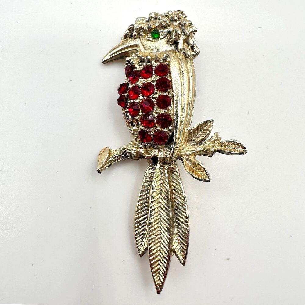 Vintage 90s Gold Tone Woodpecker Red Rhinestone Green Eye Brooch Pin Jewelry Y2K
